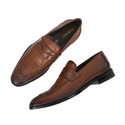 Men Premium Woven Leather Party Penny Loafers (Winston-10-Tan)