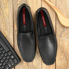 Men Premium Leather Black Casual Slip On Driving Loafers (Romson-05-Black)