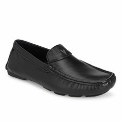 Men Premium Leather Black Casual Slip On Driving Loafers (Romson-06-Black)