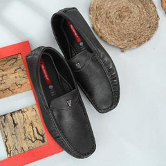 Men Premium Leather Black Casual Slip On Driving Loafers (Romson-06-Black)