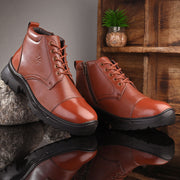 Men Premium Leather Police Lace-Up Ankle Boots with Side Zipper | Fully Stitched Sole for Durability & Comfort (V-Trainer-75-Tan)