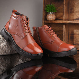 Men Premium Leather Police Lace-Up Ankle Boots with Side Zipper | Fully Stitched Sole for Durability & Comfort (V-Trainer-75-Tan)