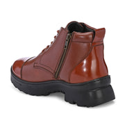 Men Premium Leather Police Lace-Up Ankle Boots with Side Zipper | Fully Stitched Sole for Durability & Comfort (V-Trainer-75-Tan)