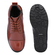 Men Premium Leather Police Lace-Up Ankle Boots with Side Zipper | Fully Stitched Sole for Durability & Comfort (V-Trainer-75-Tan)