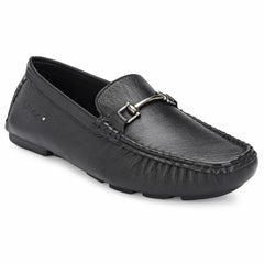 Men Premium Leather Black Casual Slip On Driving Loafers (Romson-27-Black)