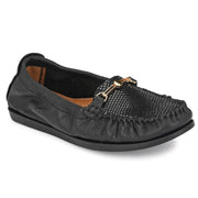 Women Premium Leather Black Formal Slip On Flexible Loafer (W-Flexy-12-Black)