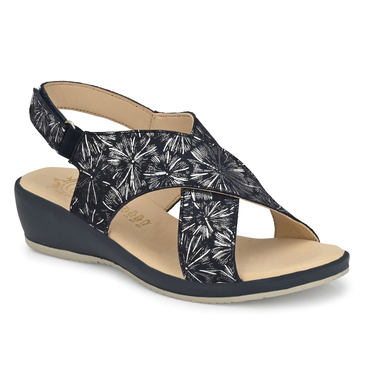 Women Premium Leather Navy With Silver Foil Sandals (W-Rieca-61-Navy)