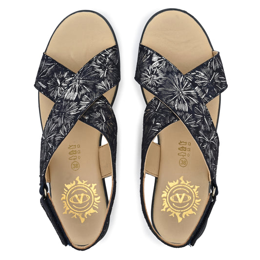 Women Premium Leather Navy With Silver Foil Sandals (W-Rieca-61-Navy)