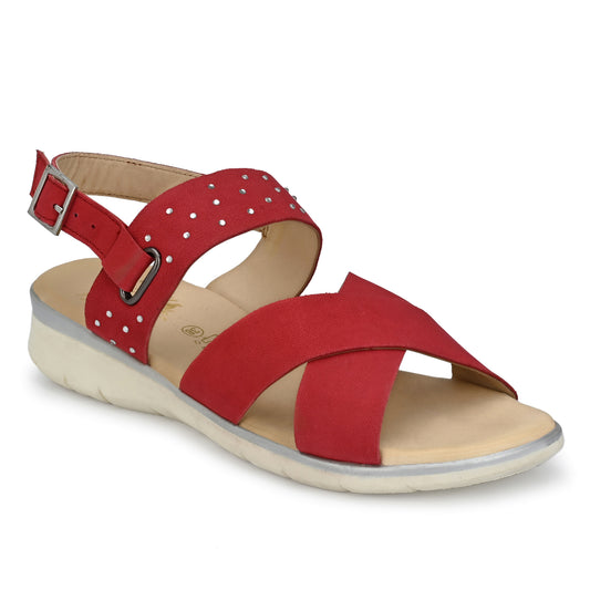 Women Premium Leather Red Sandals (W-Dimpy-55-Red)