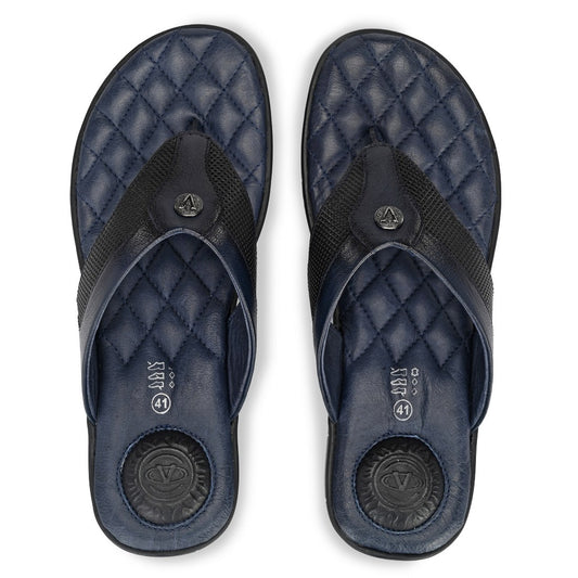 Men Premium Leather Blue/Black Casual V-Strap Slipper (Voda-01-ST)