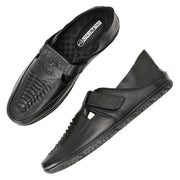 Men Premium Leather Black Shoe-Style Sandals with Velcro Closure (CityWalker-35-Black)