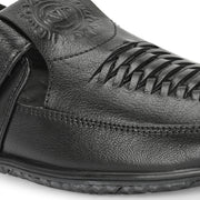 Men Premium Leather Black Shoe-Style Sandals with Velcro Closure (CityWalker-35-Black)