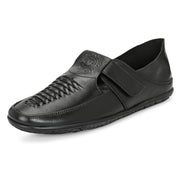 Men Premium Leather Black Shoe-Style Sandals with Velcro Closure (CityWalker-35-Black)