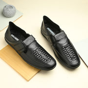 Men Premium Leather Black Shoe-Style Sandals with Velcro Closure (CityWalker-35-Black)