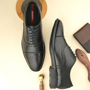 Men Premium Leather Black Lace-Up Formal Derby Shoes (Cosmo-65-Black)