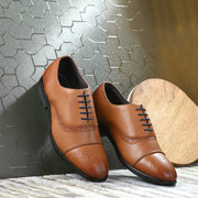 Men Premium Leather Tan Lace-Up Formal Derby Shoes (Cosmo-65-Tan)