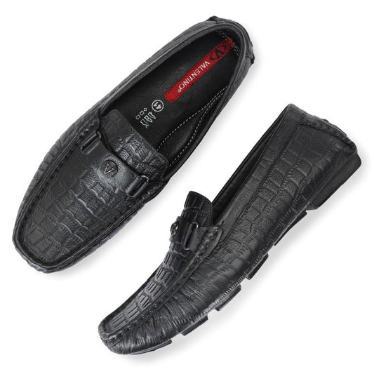 Men Premium Leather Black Casual Slip On Driving Loafers (Romson-28-Black)