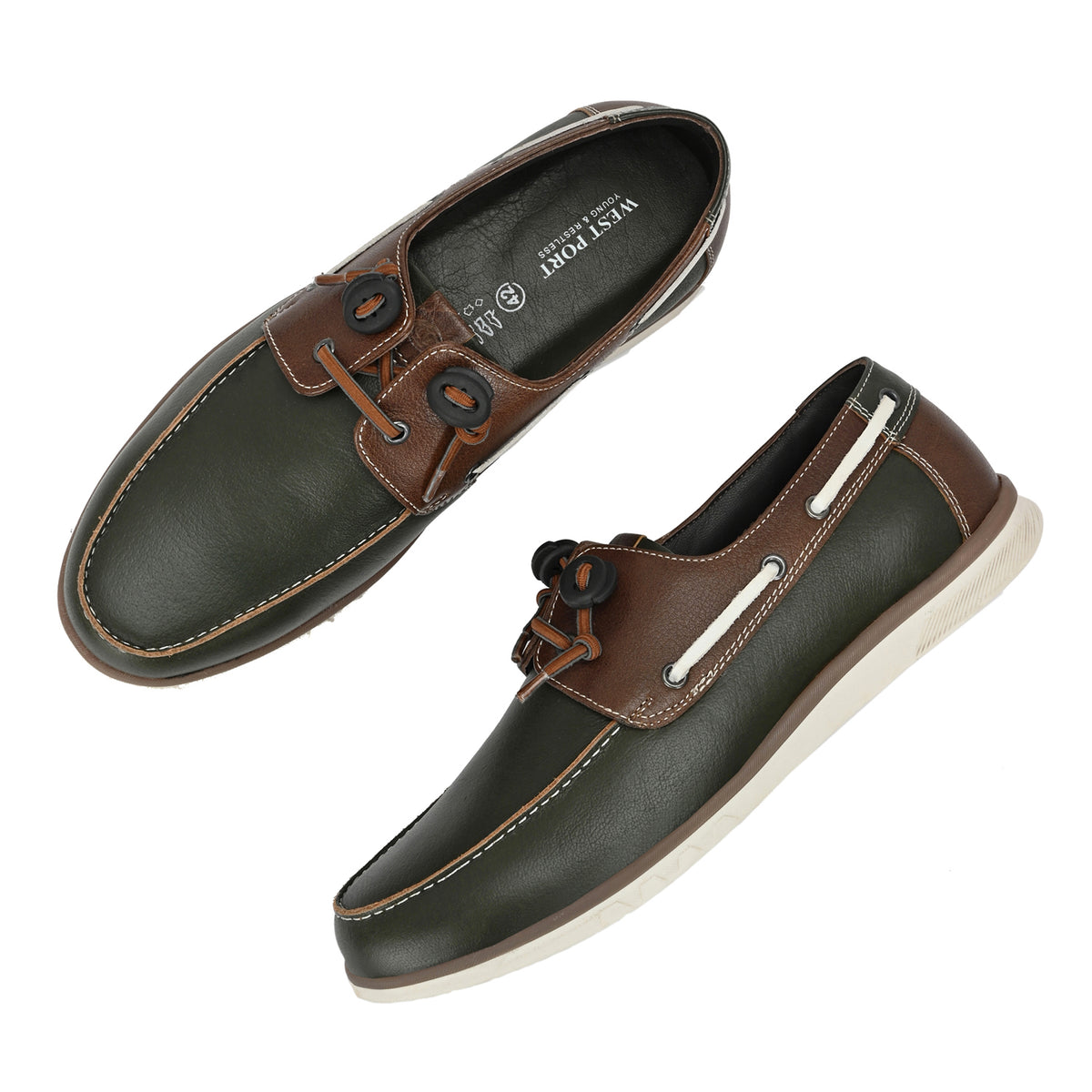 West Port Men Premium Leather Boat Shoes (Danial-66-Olive-Tan)