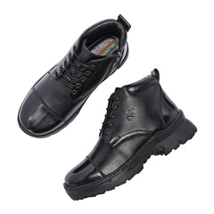 Men Premium Leather Police Lace-Up Ankle Boots with Side Zipper | Fully Stitched Sole for Durability & Comfort (Scout-75-Black)