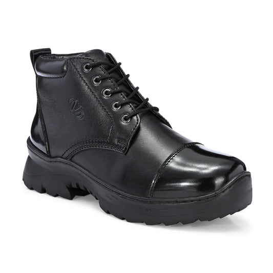 Men Premium Leather Police Lace-Up Ankle Boots with Side Zipper | Fully Stitched Sole for Durability & Comfort (Scout-75-Black)