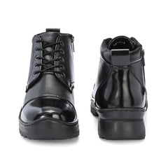 Men Premium Leather Police Lace-Up Ankle Boots with Side Zipper | Fully Stitched Sole for Durability & Comfort (Scout-75-Black)