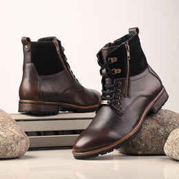 Men Premium Leather Pine Black Side Zipper & Lace-Up Boot (Global-91-Pine-Black)