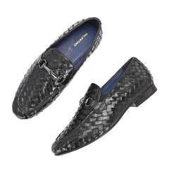 Valentino Genuine Leather Woven Slip-On Loafers for Men with Nulite Sole - (Speed-01-Black)