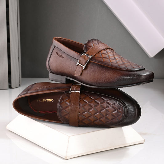 Valentino Men's Genuine Leather Quilted Pattern Penny Loafers with Tunit Sole (Speed-05-Cognac)