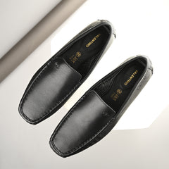 Men Premium Leather Black Casual Slip On Driving Loafers (Romson-05-Black)