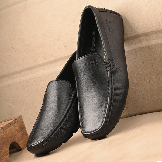 Men Premium Leather Black Casual Slip On Driving Loafers (Romson-05-Black)