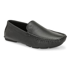 Men Premium Leather Black Casual Slip On Driving Loafers (Romson-05-Black)