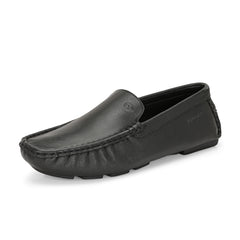 Men Premium Leather Black Casual Slip On Driving Loafers (Romson-05-Black)