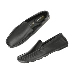 Men Premium Leather Black Casual Slip On Driving Loafers (Romson-05-Black)