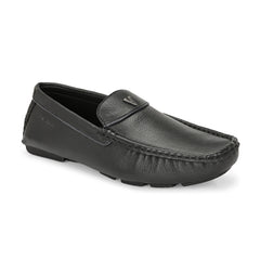 Men Premium Leather Black Casual Slip On Driving Loafers (Romson-06-Black)