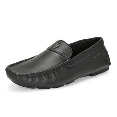 Men Premium Leather Black Casual Slip On Driving Loafers (Romson-06-Black)