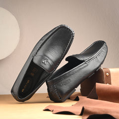 Men Premium Leather Black Casual Slip On Driving Loafers (Romson-06-Black)