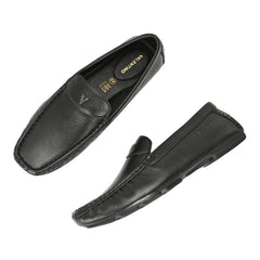 Men Premium Leather Black Casual Slip On Driving Loafers (Romson-06-Black)