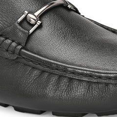 Men Premium Leather Black Casual Slip On Driving Loafers (Romson-27-Black)