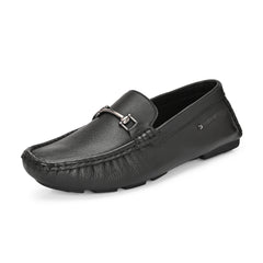 Men Premium Leather Black Casual Slip On Driving Loafers (Romson-27-Black)