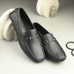 Men Premium Leather Black Casual Slip On Driving Loafers (Romson-27-Black)