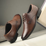 Men Premium Leather Mocca Lace-Up Formal Shoes | Lightweight PU Sole | Jumbo Sizes 5 UK to 14 UK (NewTop-55-Mocca)