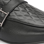 Men Premium Leather Quilted Pattern Penny Loafers with Tunit Sole (Miles-05-Black)