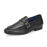 Men Premium Leather Quilted Pattern Penny Loafers with Tunit Sole (Miles-05-Black)