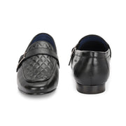 Men Premium Leather Quilted Pattern Penny Loafers with Tunit Sole (Miles-05-Black)