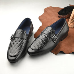 Men Premium Leather Quilted Pattern Penny Loafers with Tunit Sole (Miles-05-Black)