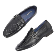 Men Premium Leather Quilted Pattern Penny Loafers with Tunit Sole (Miles-05-Black)