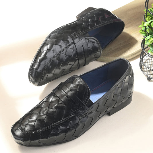 Valentino Genuine Leather Woven Slip-On Loafers for Men with Nulite Sole - (Speed-10-Black)