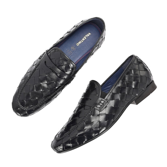 Valentino Genuine Leather Woven Slip-On Loafers for Men with Nulite Sole - (Speed-10-Black)