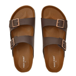 West Port Men's Cushion Sliders | PU Padded Footbed | Bounce Back Technology | Lightweight Flip Flops for Everyday Comfort (M-Aero-09-Brown)