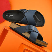 West Port Men's Cushion Sliders | PU Padded Footbed | Bounce Back Technology | Lightweight Flip Flops for Everyday Comfort (M-Aero-19-Navy)